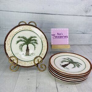 Totally Today TT028 Tropical Trees Brown Band Smooth Ceramic Salad Plates Set 6